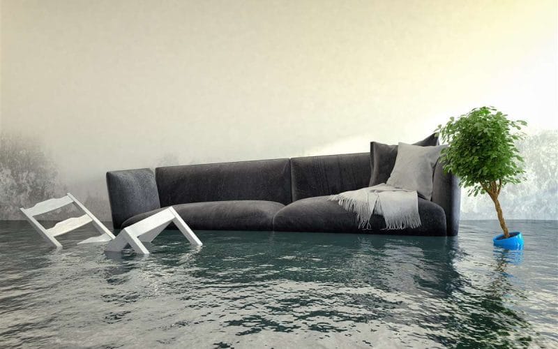 Assicurare il futuro: l’obbligo di copertura contro i disastri naturali. Interno di un’abitazione allagata con divano, sedie e pianta sommersi dall’acqua: simbolo dei danni da alluvione e della necessità di protezione assicurativa.