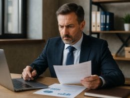 La cessione dei crediti fiscali nel 2025. Consulente finanziario maturo in abito elegante analizza documenti e grafici al computer: simbolo di una strategia avanzata per la cessione dei crediti fiscali nel 2025.