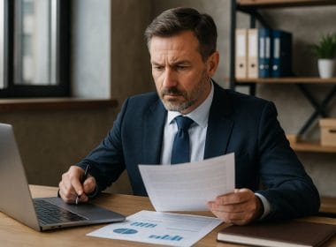 La cessione dei crediti fiscali nel 2025. Consulente finanziario maturo in abito elegante analizza documenti e grafici al computer: simbolo di una strategia avanzata per la cessione dei crediti fiscali nel 2025.
