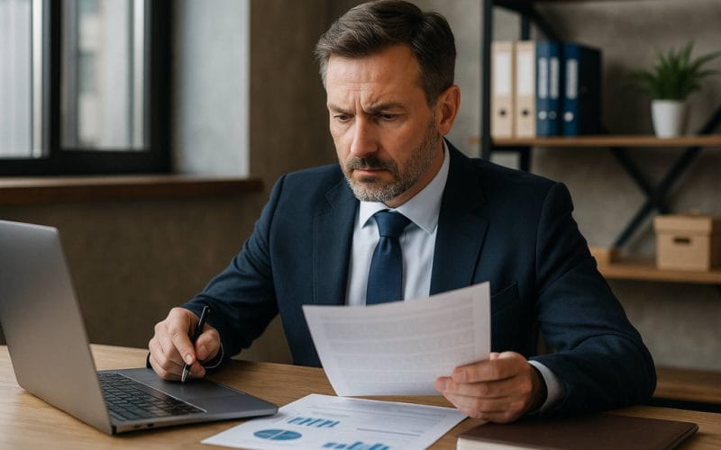 La cessione dei crediti fiscali nel 2025. Consulente finanziario maturo in abito elegante analizza documenti e grafici al computer: simbolo di una strategia avanzata per la cessione dei crediti fiscali nel 2025.