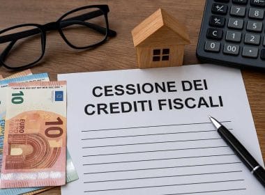 Cessione dei crediti fiscali: la nuova sfida per imprese e professionisti nell’Italia post 2025. Documento con la scritta “Cessione dei crediti fiscali” su scrivania con banconote in euro, occhiali, calcolatrice e casetta in legno, simbolo di bonus edilizi e operazioni finanziarie.