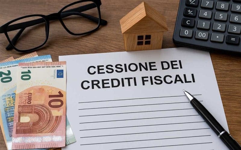Cessione dei crediti fiscali: la nuova sfida per imprese e professionisti nell’Italia post 2025. Documento con la scritta “Cessione dei crediti fiscali” su scrivania con banconote in euro, occhiali, calcolatrice e casetta in legno, simbolo di bonus edilizi e operazioni finanziarie.
