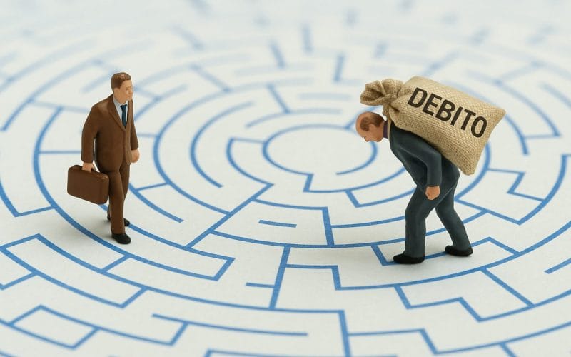 Due miniature di uomini in un labirinto: uno cammina leggero con una valigetta, l’altro piegato sotto un sacco marcato “DEBITO”, simbolo visivo del contrasto tra debito buono e debito cattivo.