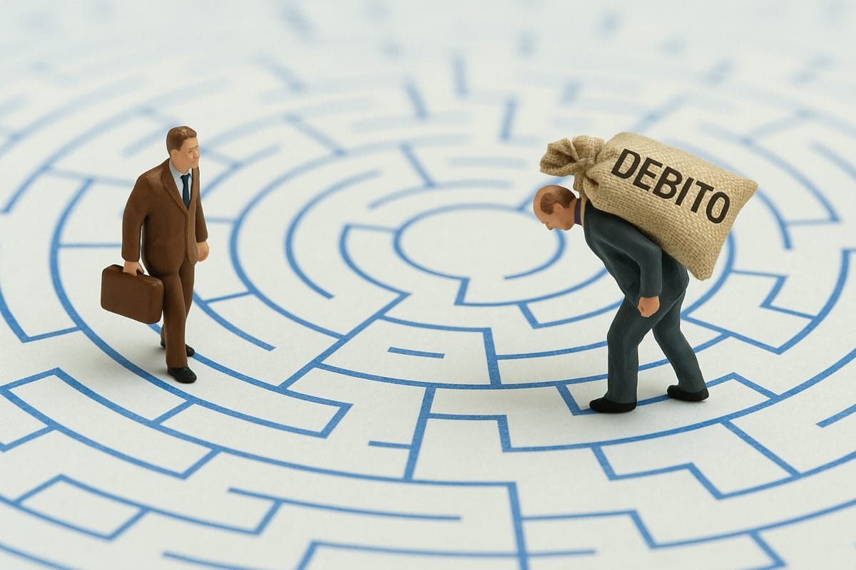 Due miniature di uomini in un labirinto: uno cammina leggero con una valigetta, l’altro piegato sotto un sacco marcato “DEBITO”, simbolo visivo del contrasto tra debito buono e debito cattivo.