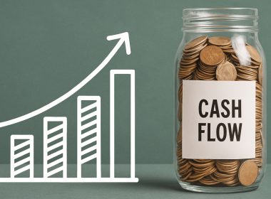 Barattolo pieno di monete etichettato “Cash Flow” accanto a un grafico in crescita: rappresentazione visiva del flusso di cassa positivo