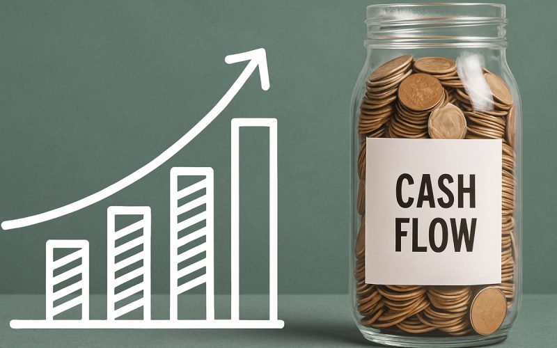 Barattolo pieno di monete etichettato “Cash Flow” accanto a un grafico in crescita: rappresentazione visiva del flusso di cassa positivo