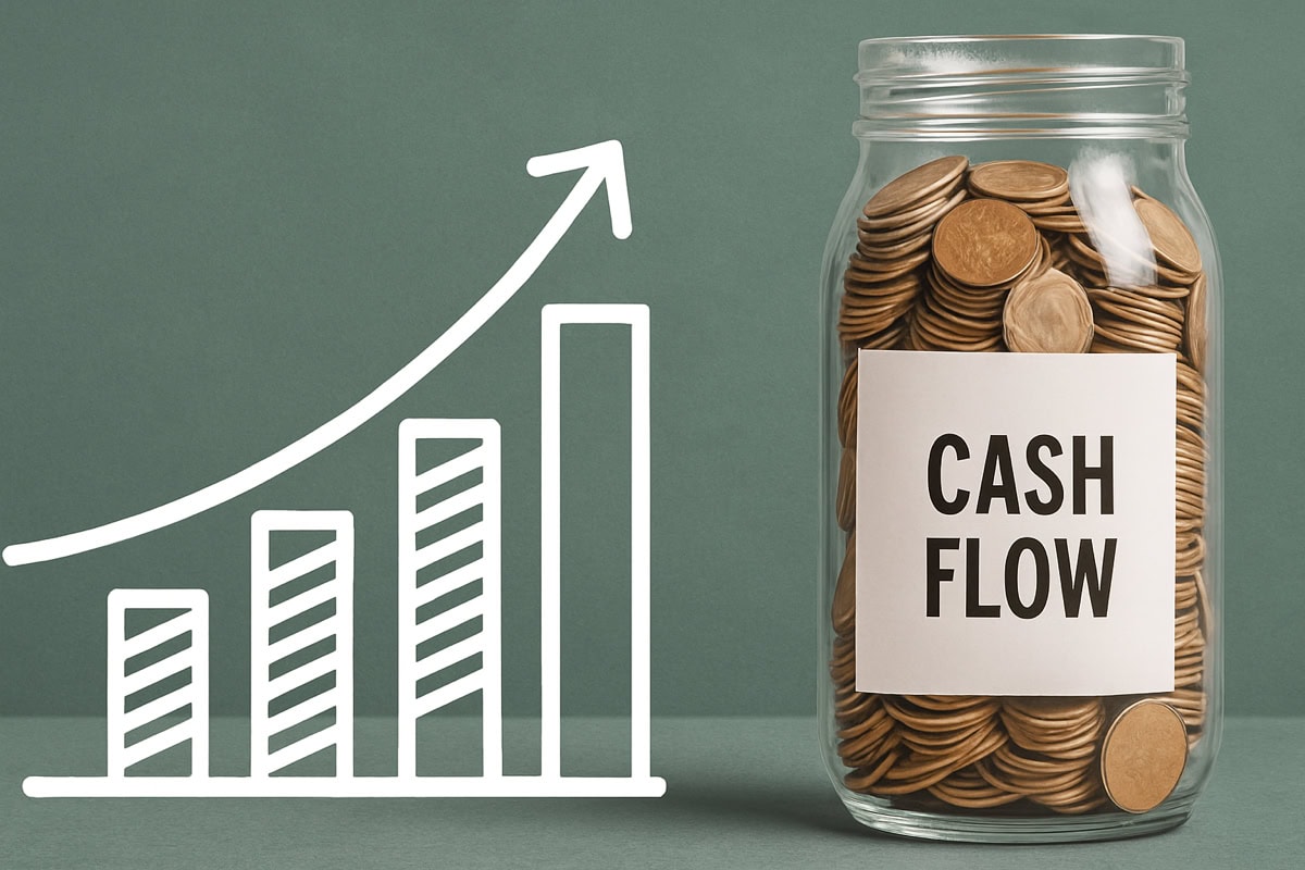 Barattolo pieno di monete etichettato “Cash Flow” accanto a un grafico in crescita: rappresentazione visiva del flusso di cassa positivo