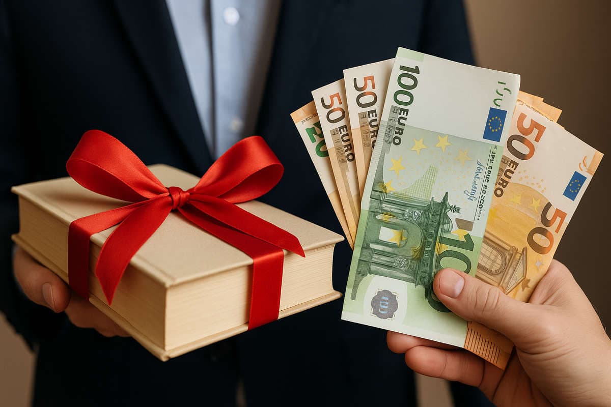 Che libro regalare a chi ti ha prestato 50.000 euro. Mani che si scambiano un libro con nastro rosso e banconote in euro, simbolo di gratitudine e valore.