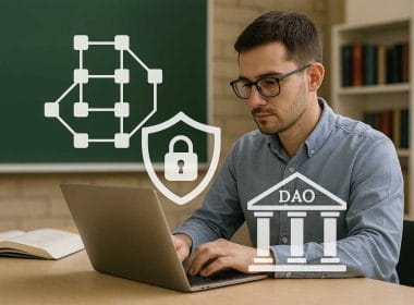 Rappresentazione concettuale di una DAO con icone digitali, connessioni decentralizzate e simboli di governance automatizzata.