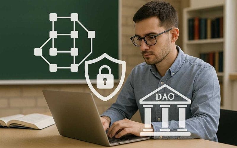 Rappresentazione concettuale di una DAO con icone digitali, connessioni decentralizzate e simboli di governance automatizzata.