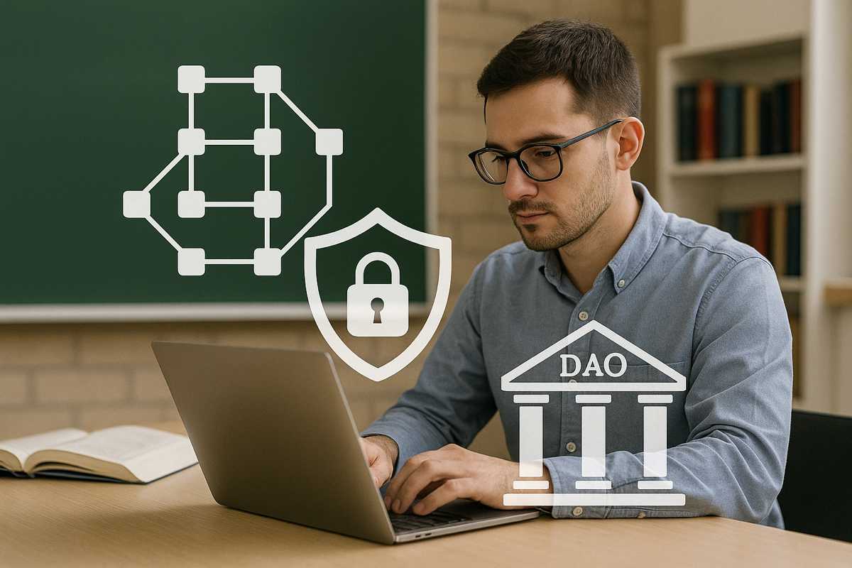 Rappresentazione concettuale di una DAO con icone digitali, connessioni decentralizzate e simboli di governance automatizzata.