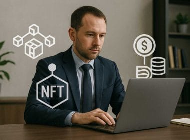 Uomo in abito formale lavora al laptop con icone NFT, blockchain e valute digitali, simbolo del futuro cripto-fiscale.