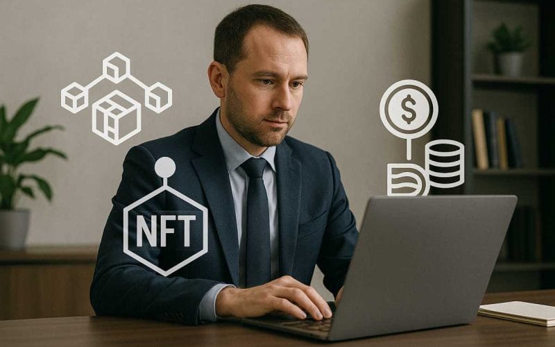 Uomo in abito formale lavora al laptop con icone NFT, blockchain e valute digitali, simbolo del futuro cripto-fiscale.