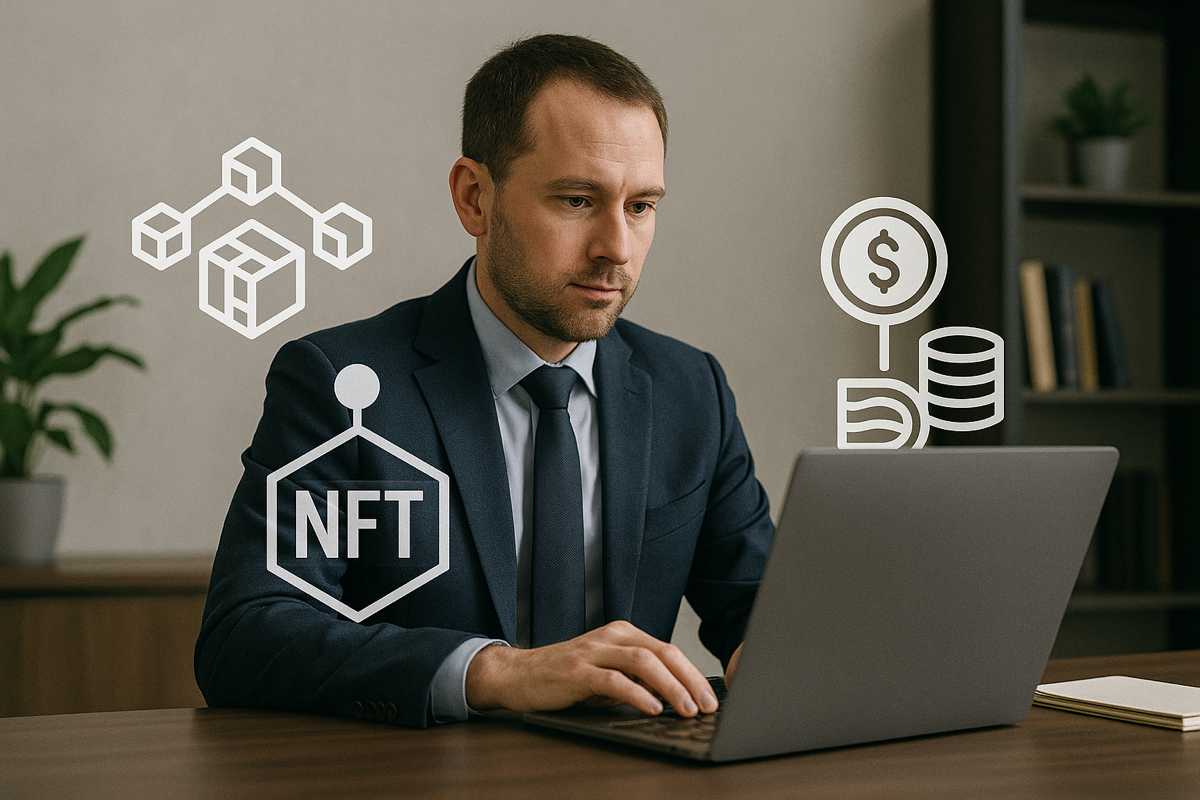 Uomo in abito formale lavora al laptop con icone NFT, blockchain e valute digitali, simbolo del futuro cripto-fiscale.
