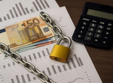 Limiti al giro di crediti fiscali. Banconota da 50 euro bloccata da catena e lucchetto su grafici finanziari con calcolatrice