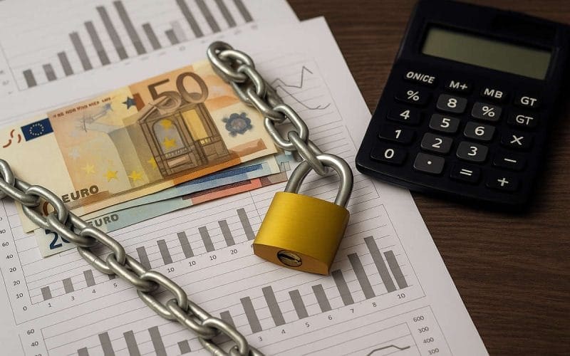 Limiti al giro di crediti fiscali. Banconota da 50 euro bloccata da catena e lucchetto su grafici finanziari con calcolatrice
