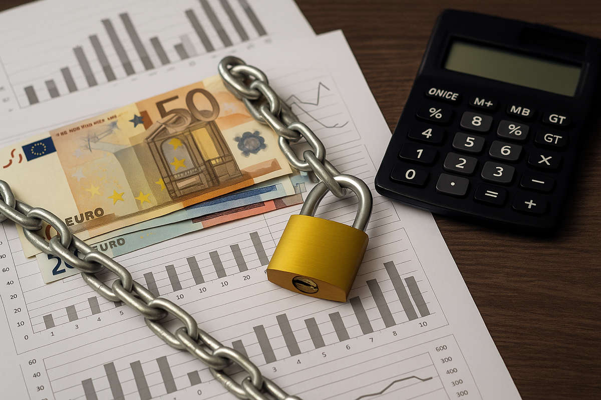 Limiti al giro di crediti fiscali. Banconota da 50 euro bloccata da catena e lucchetto su grafici finanziari con calcolatrice