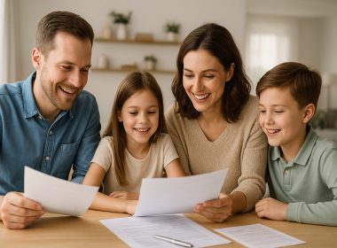 Famiglia felice seduta a tavola mentre rivede documenti relativi a polizze sicure