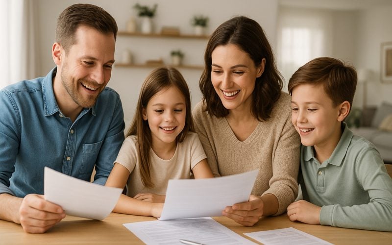 Famiglia felice seduta a tavola mentre rivede documenti relativi a polizze sicure