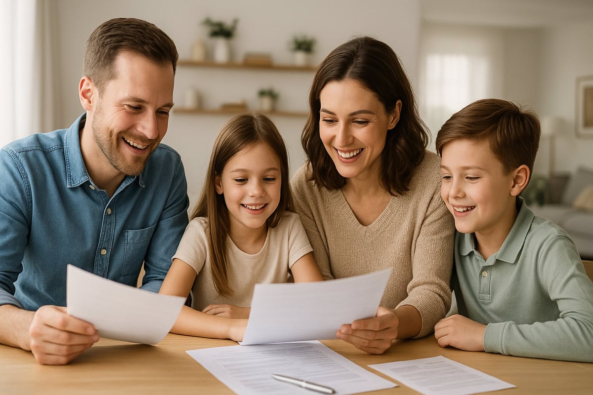 Famiglia felice seduta a tavola mentre rivede documenti relativi a polizze sicure