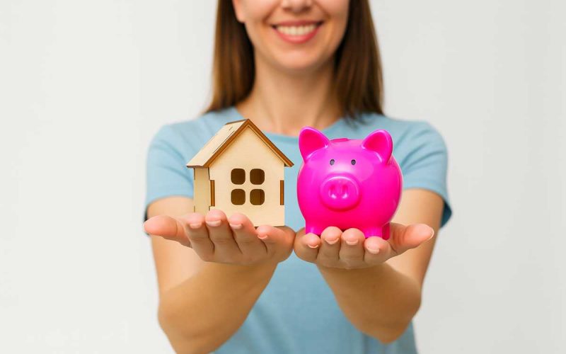 Donna che tiene una casetta in legno e un salvadanaio rosa fucsia, concetto di superbonus crediti in attesa di accettazione.