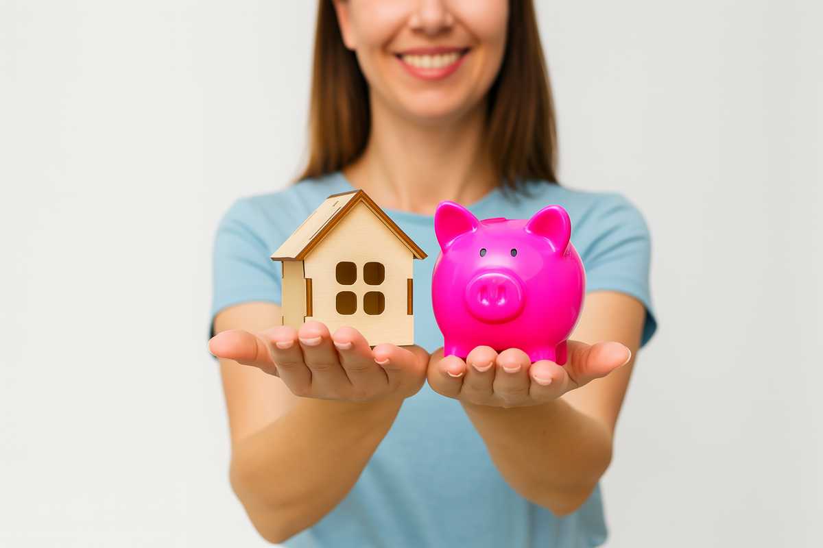 Donna che tiene una casetta in legno e un salvadanaio rosa fucsia, concetto di superbonus crediti in attesa di accettazione.