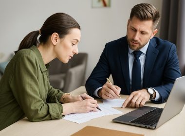 Professionista e consulente discutono di cessione del quinto per professionisti davanti a un laptop.
