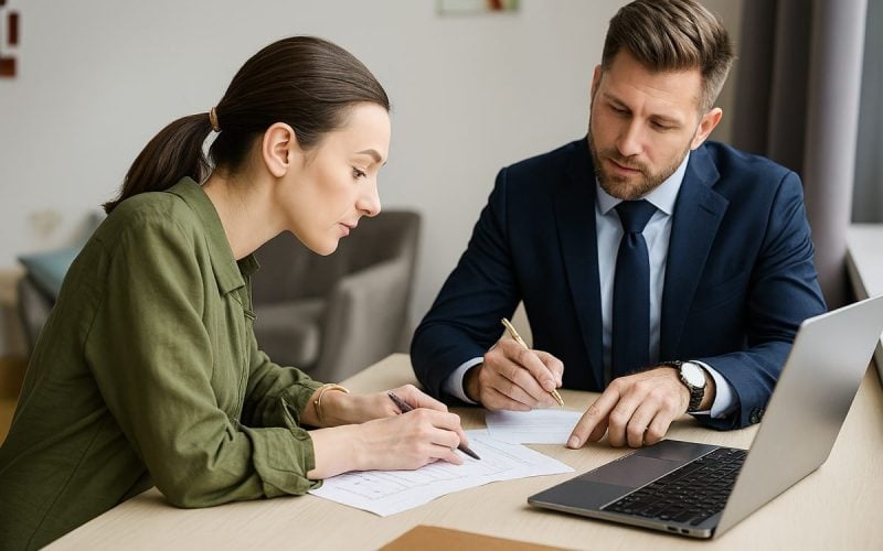 Professionista e consulente discutono di cessione del quinto per professionisti davanti a un laptop.