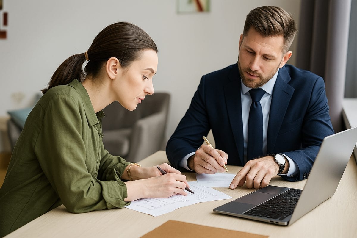 Professionista e consulente discutono di cessione del quinto per professionisti davanti a un laptop.