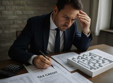 Cessione multipla. Uomo in ufficio studia documenti sulla cessione multipla dei crediti fiscali, accanto a un labirinto e una calcolatrice