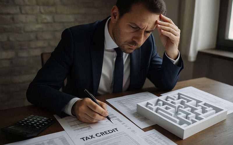 Cessione multipla. Uomo in ufficio studia documenti sulla cessione multipla dei crediti fiscali, accanto a un labirinto e una calcolatrice