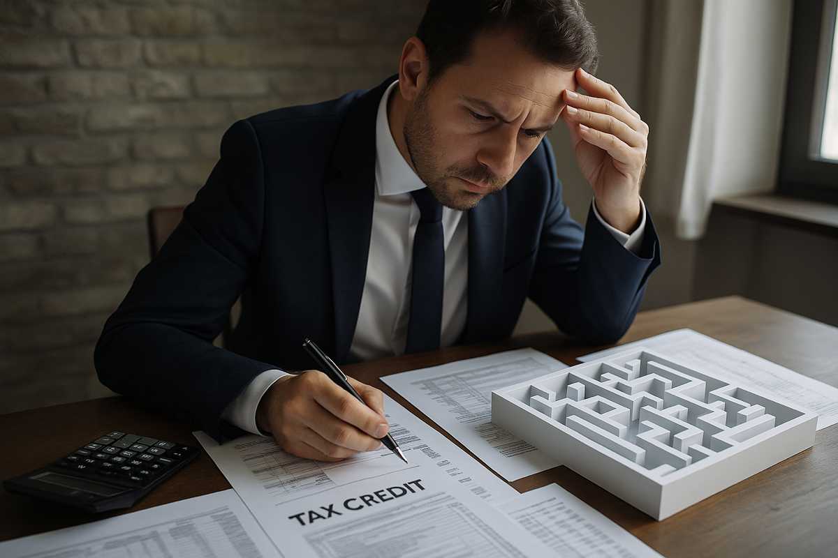 Cessione multipla. Uomo in ufficio studia documenti sulla cessione multipla dei crediti fiscali, accanto a un labirinto e una calcolatrice