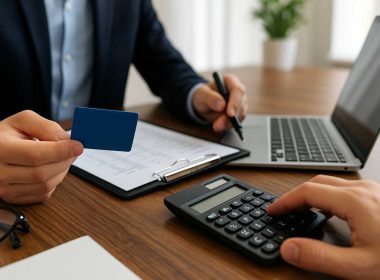 Due mani su scrivania con laptop, calcolatrice e carta bancaria: concetto di conto corrente aziendale