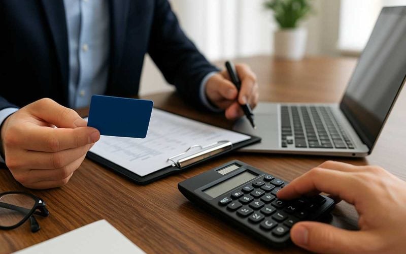 Due mani su scrivania con laptop, calcolatrice e carta bancaria: concetto di conto corrente aziendale
