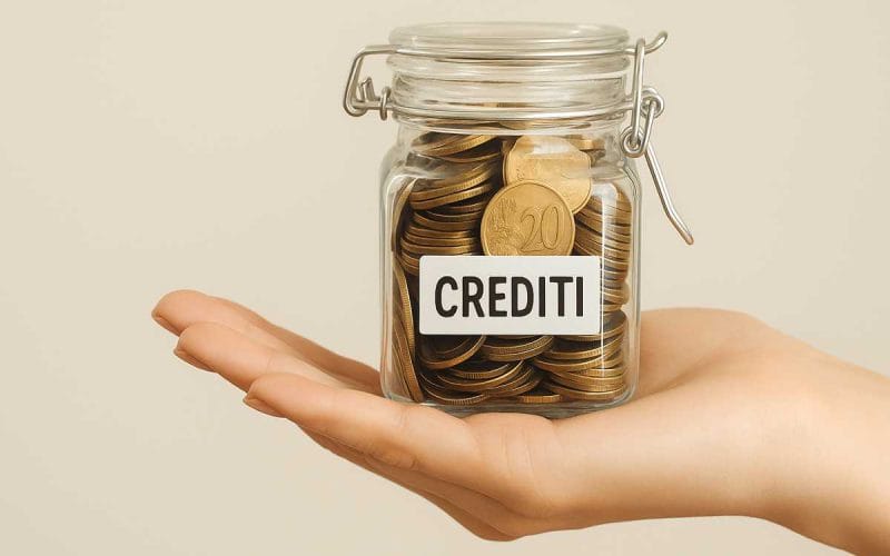 Barattolo di vetro pieno di monete con etichetta “CREDITI” appoggiato sul palmo di una mano, simbolo del credito d’imposta per l’innovazione 4.0 non ceduto.