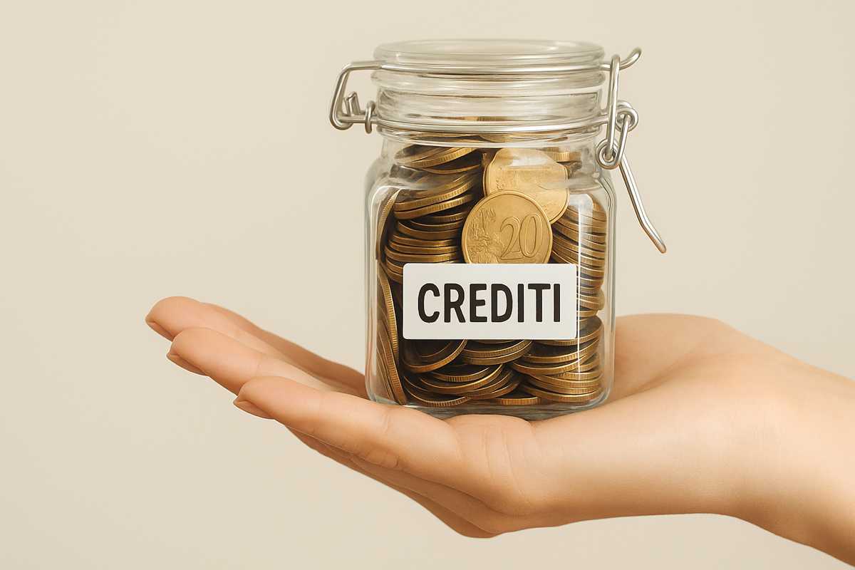 Barattolo di vetro pieno di monete con etichetta “CREDITI” appoggiato sul palmo di una mano, simbolo del credito d’imposta per l’innovazione 4.0 non ceduto.