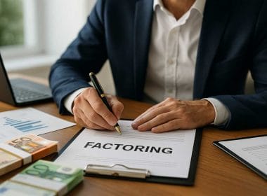 Un miliardo per il factoring. Uomo d’affari che firma un contratto di factoring con grafici finanziari e mazzette di denaro sul tavolo.