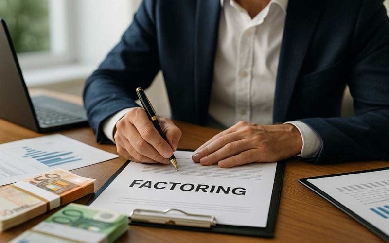 Un miliardo per il factoring. Uomo d’affari che firma un contratto di factoring con grafici finanziari e mazzette di denaro sul tavolo.