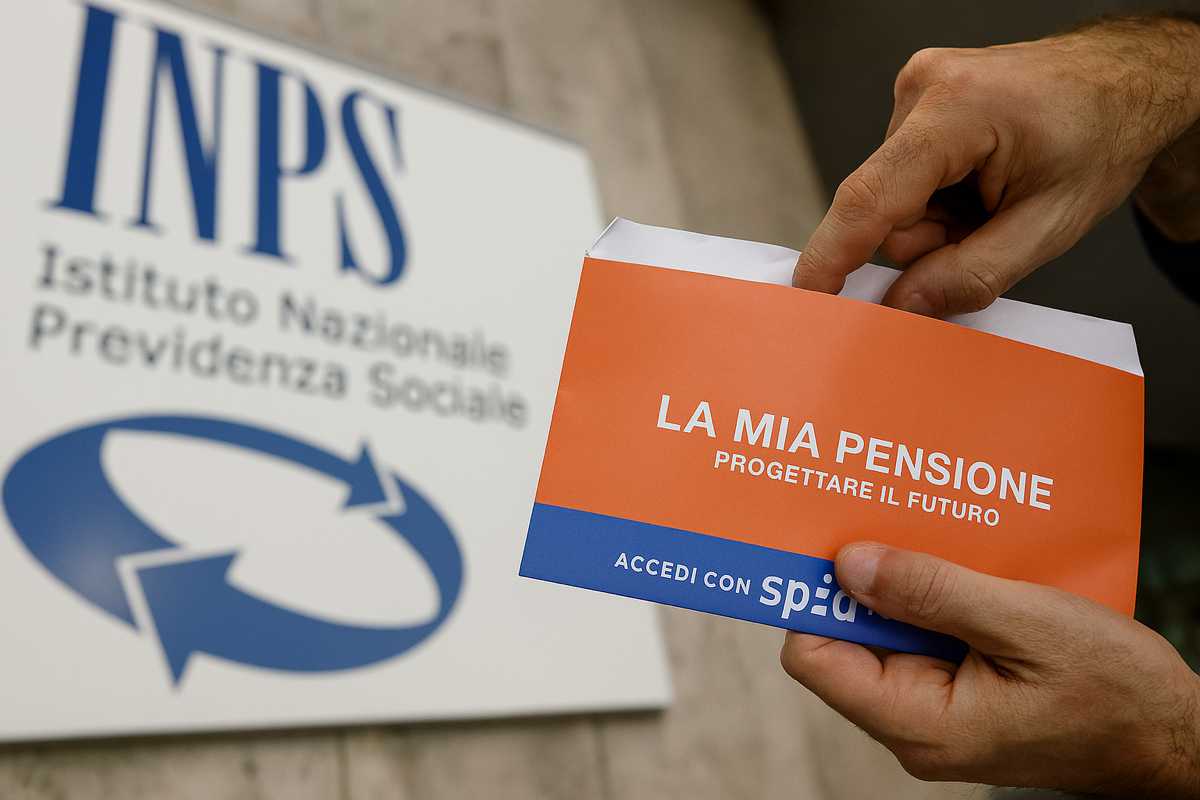 Mani che tengono un documento “La mia pensione” davanti a un’insegna INPS, simbolo della gestione separata