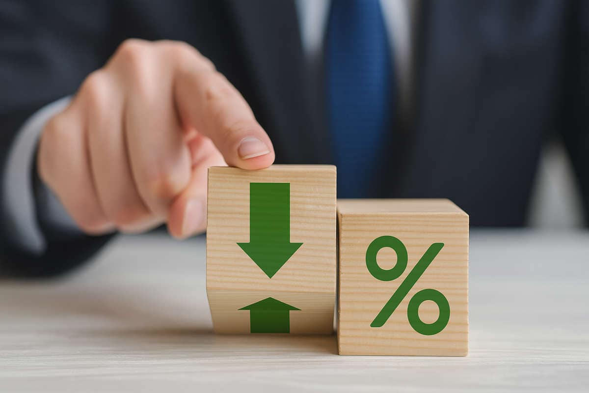 Il rating bancario: mano maschile in giacca e cravatta che indica blocchi di legno con simboli di percentuale e frecce