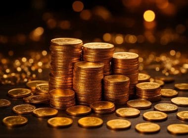Pila di monete d'oro su sfondo scuro con luce calda, simbolo di investimenti sicuri in tempi incerti
