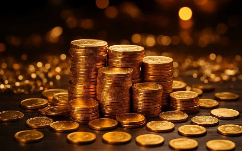 Pila di monete d'oro su sfondo scuro con luce calda, simbolo di investimenti sicuri in tempi incerti