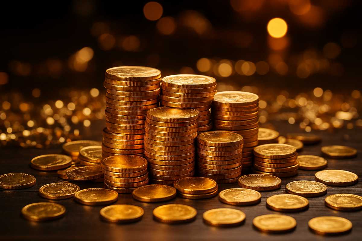 Pila di monete d'oro su sfondo scuro con luce calda, simbolo di investimenti sicuri in tempi incerti