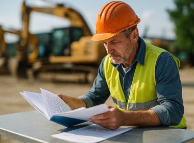 Lavoratore in abbigliamento da cantiere che consulta documenti pensionistici