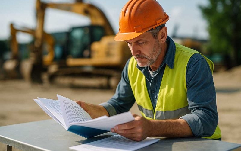 Lavoratore in abbigliamento da cantiere che consulta documenti pensionistici