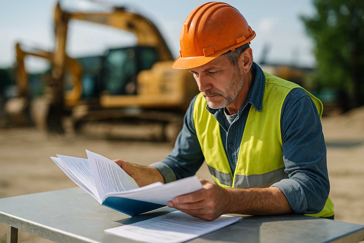 Lavoratore in abbigliamento da cantiere che consulta documenti pensionistici