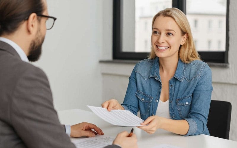 Donna sorridente consegna un documento a un consulente durante un incontro professionale su mandati corporate in ambito di mediazione creditizia.