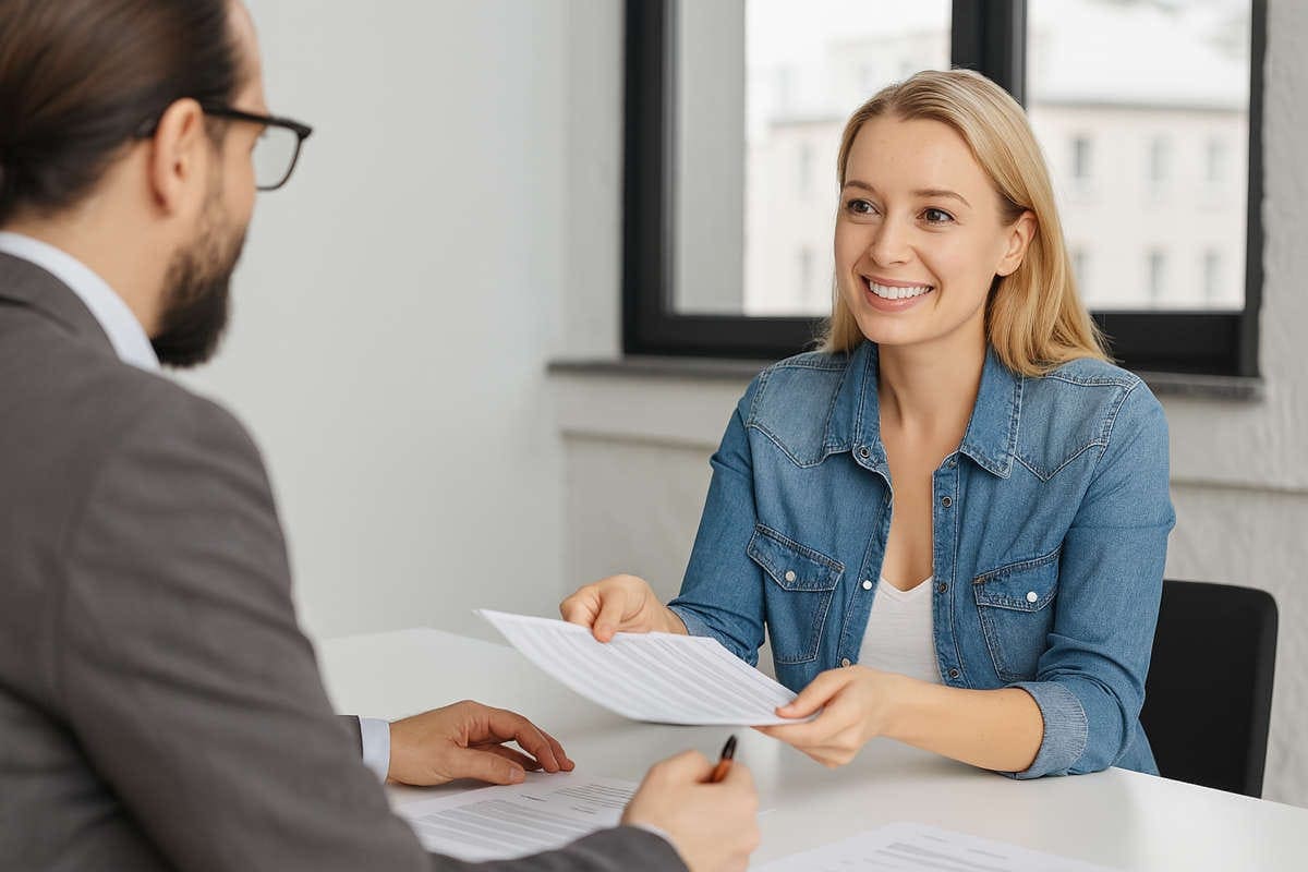 Donna sorridente consegna un documento a un consulente durante un incontro professionale su mandati corporate in ambito di mediazione creditizia.