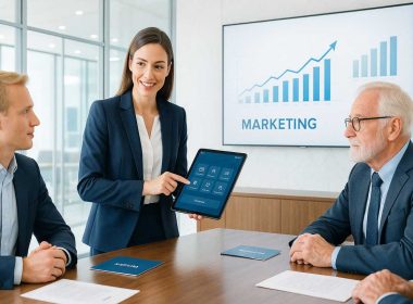 Professionista del marketing bancario presenta soluzioni digitali a clienti in una moderna sala conferenze con grafici finanziari sullo sfondo