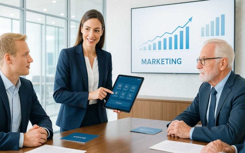 Professionista del marketing bancario presenta soluzioni digitali a clienti in una moderna sala conferenze con grafici finanziari sullo sfondo